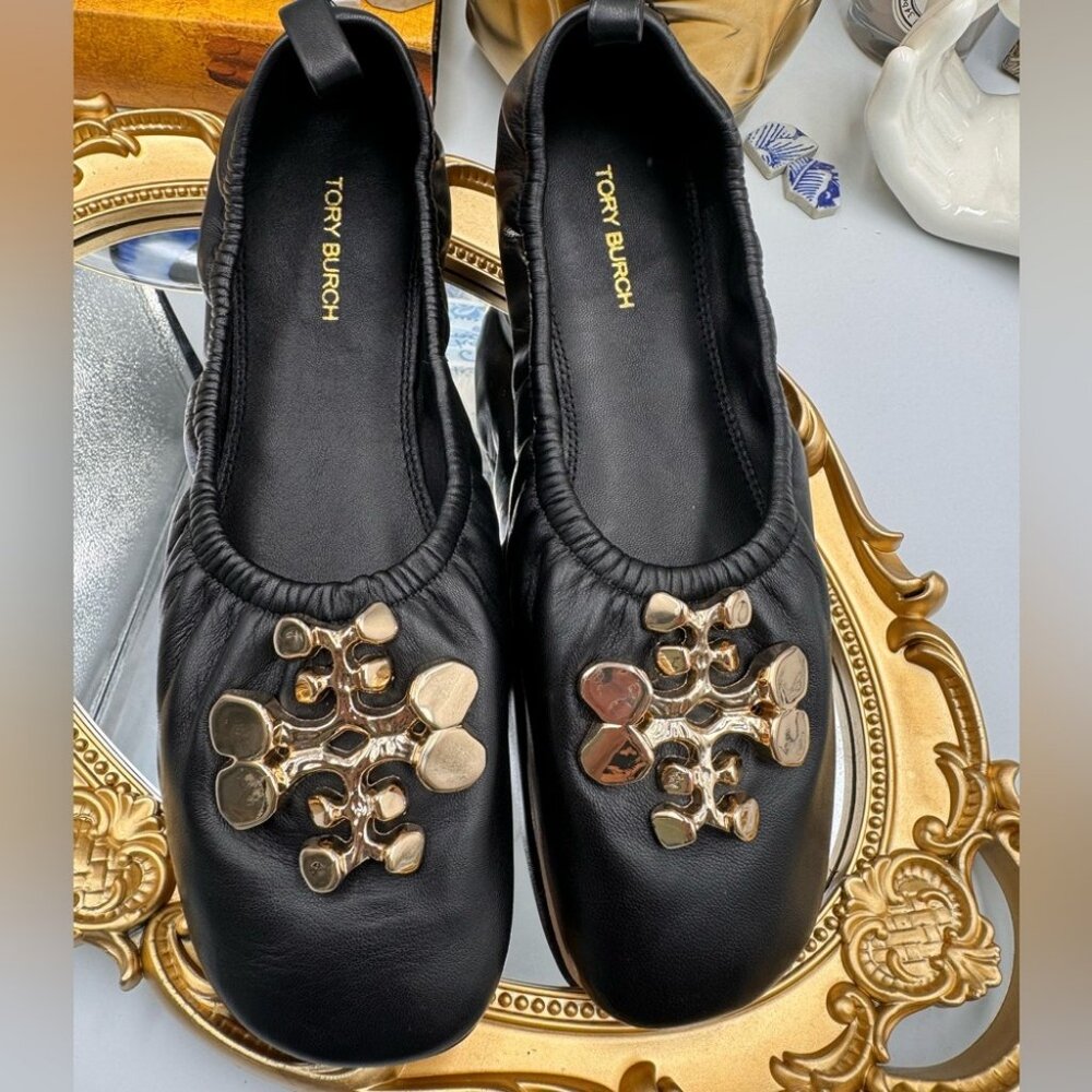 🆕 TORY BURCH 🧿 BNWOB Black Sheepskin Leather Abstract Logo Scrunch Ballet Flat - Picture 3 of 15